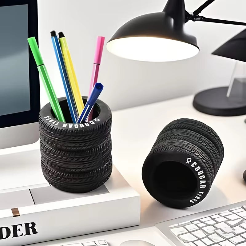 1Pcs Fun Tire-Shaped Pen Holder -PVC Desk Organizer, Ideal for School and Office Supplies, Painted Finish, Office Supplies