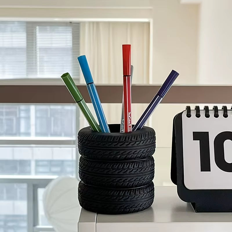 1Pcs Fun Tire-Shaped Pen Holder -PVC Desk Organizer, Ideal for School and Office Supplies, Painted Finish, Office Supplies
