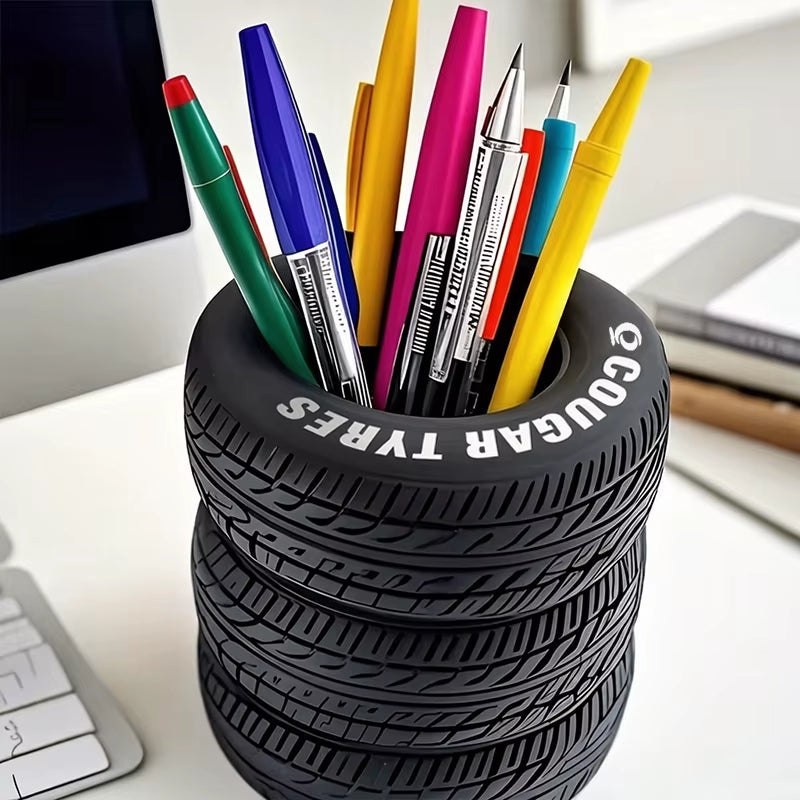 1Pcs Fun Tire-Shaped Pen Holder -PVC Desk Organizer, Ideal for School and Office Supplies, Painted Finish, Office Supplies