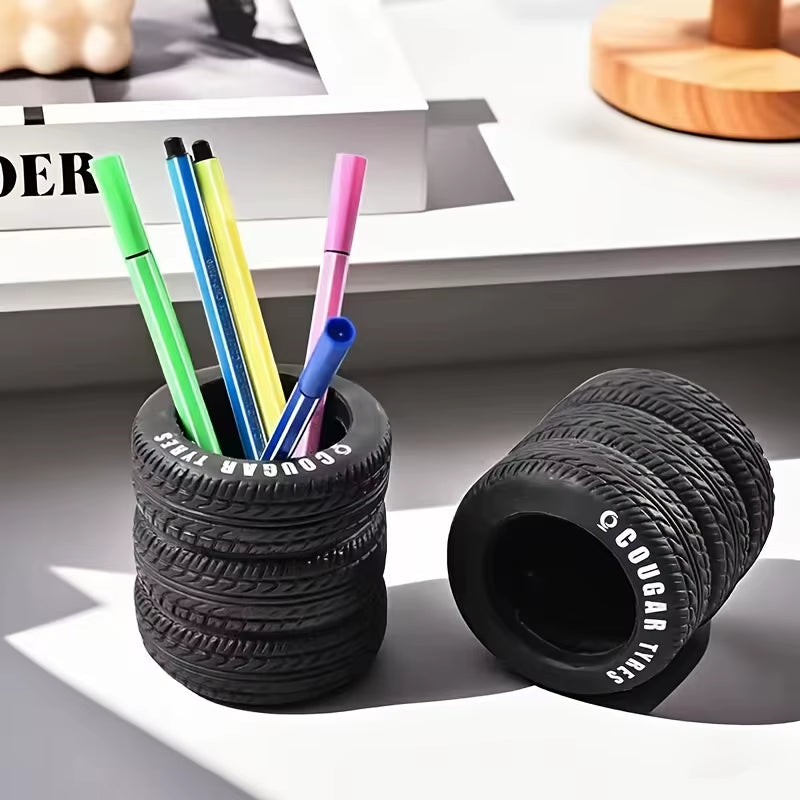 1Pcs Fun Tire-Shaped Pen Holder -PVC Desk Organizer, Ideal for School and Office Supplies, Painted Finish, Office Supplies